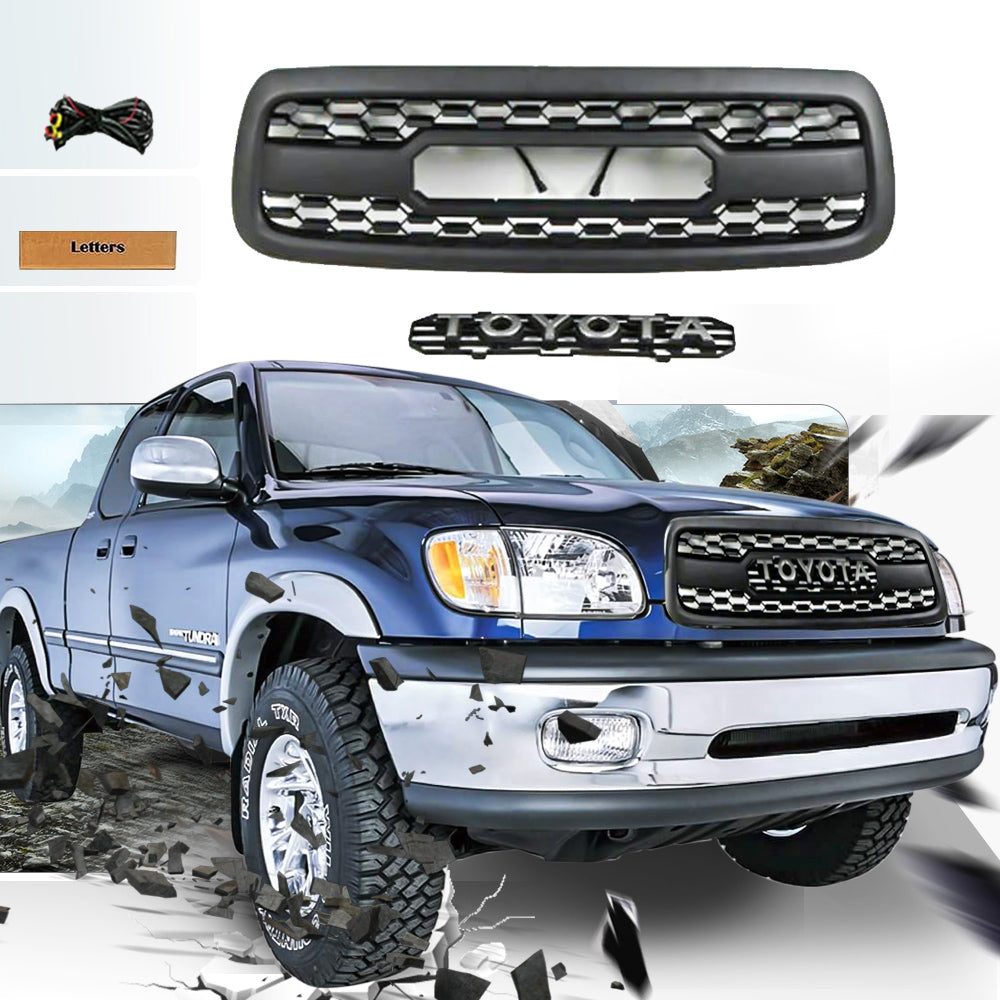 Front Grille For 2000 2001 2002 Toyota Tundra Trd Pro Grille Replacement With Amber Lights and Letters Matte Black