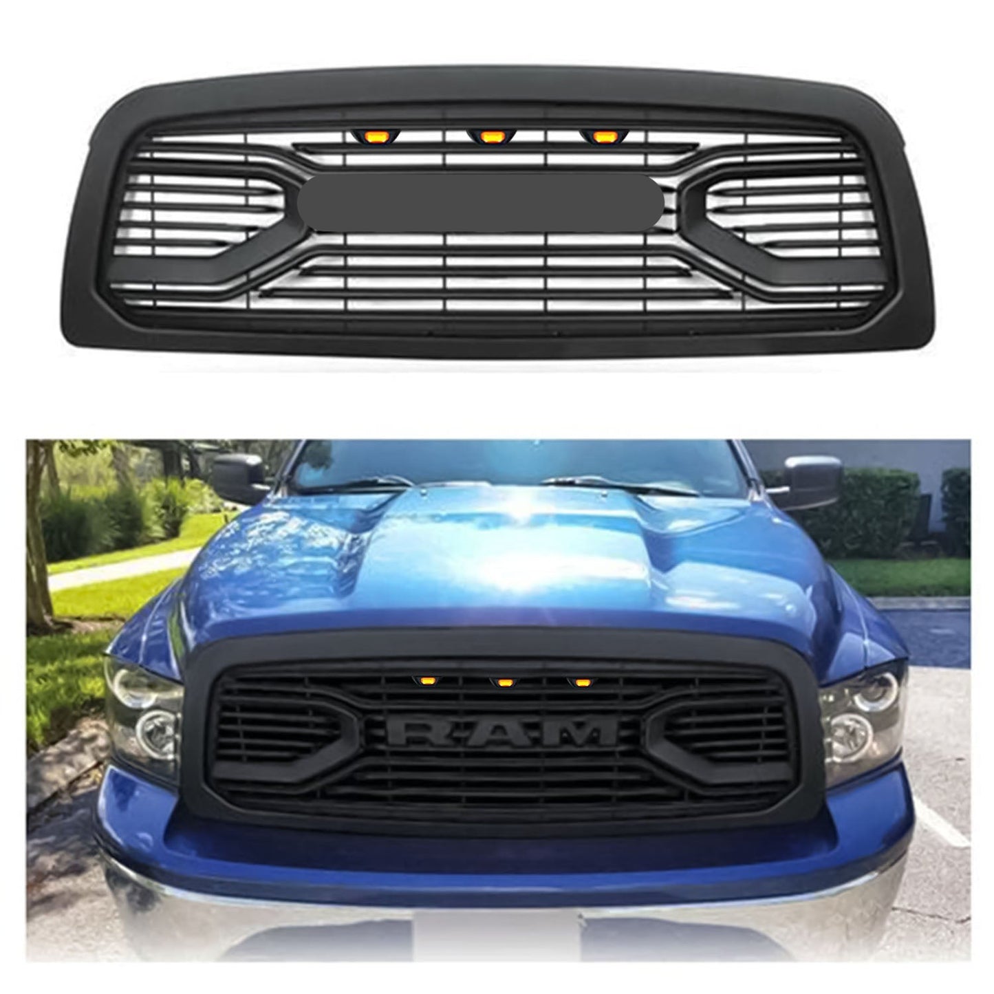 Goodmatchup Grille For 2009 2010 2011 2012 Dodge RAM 1500 Big Horn Grill W/ Letters&Amber Lights Matte Black