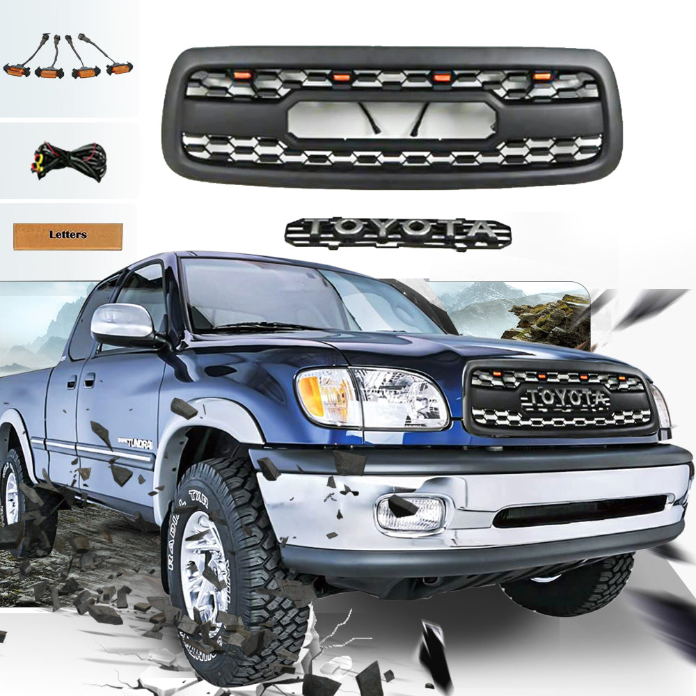 Front Grille For 2000 2001 2002 Toyota Tundra Trd Pro Grille Replacement With Amber Lights and Letters Matte Black