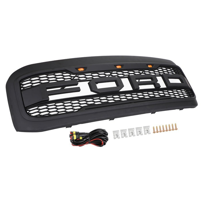 Goodmatchup Front Grill For 1999 2000 2001 2002 2003 2004 Ford f250 f350 f450 Super Duty Raptor Style Grill With Amber Lights & Letters Matte Black