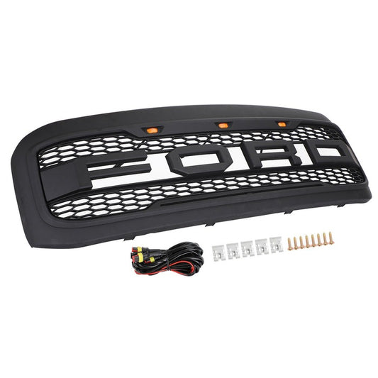 Goodmatchup Front Grill For 1999 2000 2001 2002 2003 2004 Ford f250 f350 f450 Super Duty Raptor Style Grill With Amber Lights & Letters Matte Black