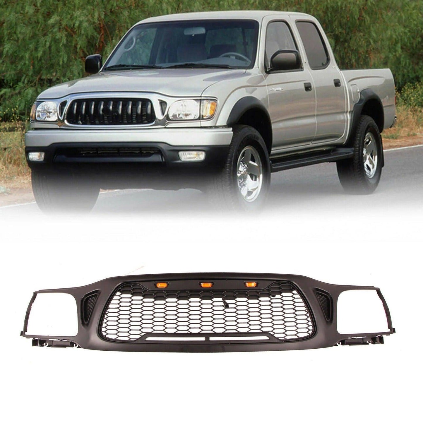 Black Honeycomb Mesh Grille For 2001 2002 2003 2004 Toyota Tacoma With Amber LED Lights - Goodmatchup