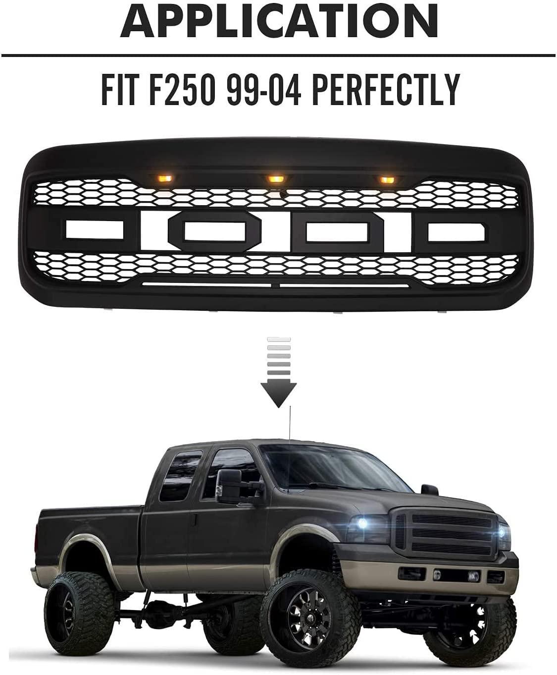 Front Grill For 1999 2000 2001 2002 2003 2004 Ford f250 f350 f450 Super Duty Raptor Style Grill With 3 Amber LED Lights & Letters Matte Black - Goodmatchup