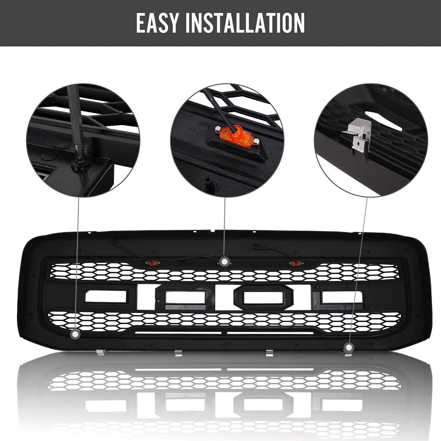 Front Grill For 1999 2000 2001 2002 2003 2004 Ford f250 f350 f450 Super Duty Raptor Style Grill With 3 Amber LED Lights & Letters Matte Black - Goodmatchup