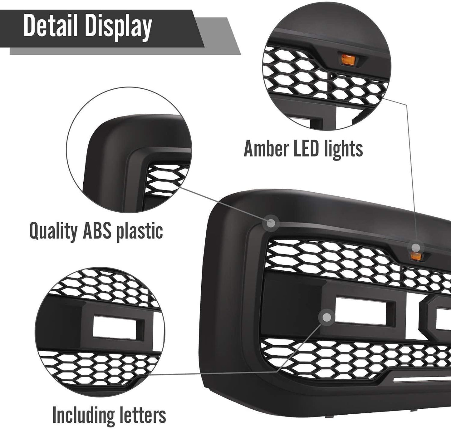 Front Grill For 1999 2000 2001 2002 2003 2004 Ford f250 f350 f450 Super Duty Raptor Style Grill With 3 Amber LED Lights & Letters Matte Black - Goodmatchup