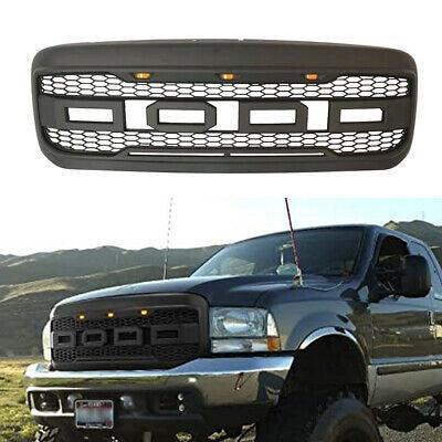 Front Grill For 1999 2000 2001 2002 2003 2004 Ford f250 f350 f450 Super Duty Raptor Style Grill With 3 Amber LED Lights & Letters Matte Black - Goodmatchup