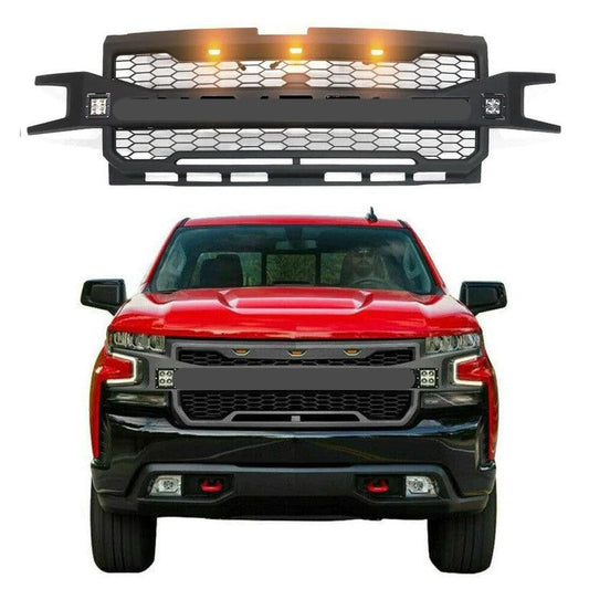 Front Grill for 2019 2020 Chevrolet Silverado 1500 with 3+2 LED Lights & Letters Black - Goodmatchup