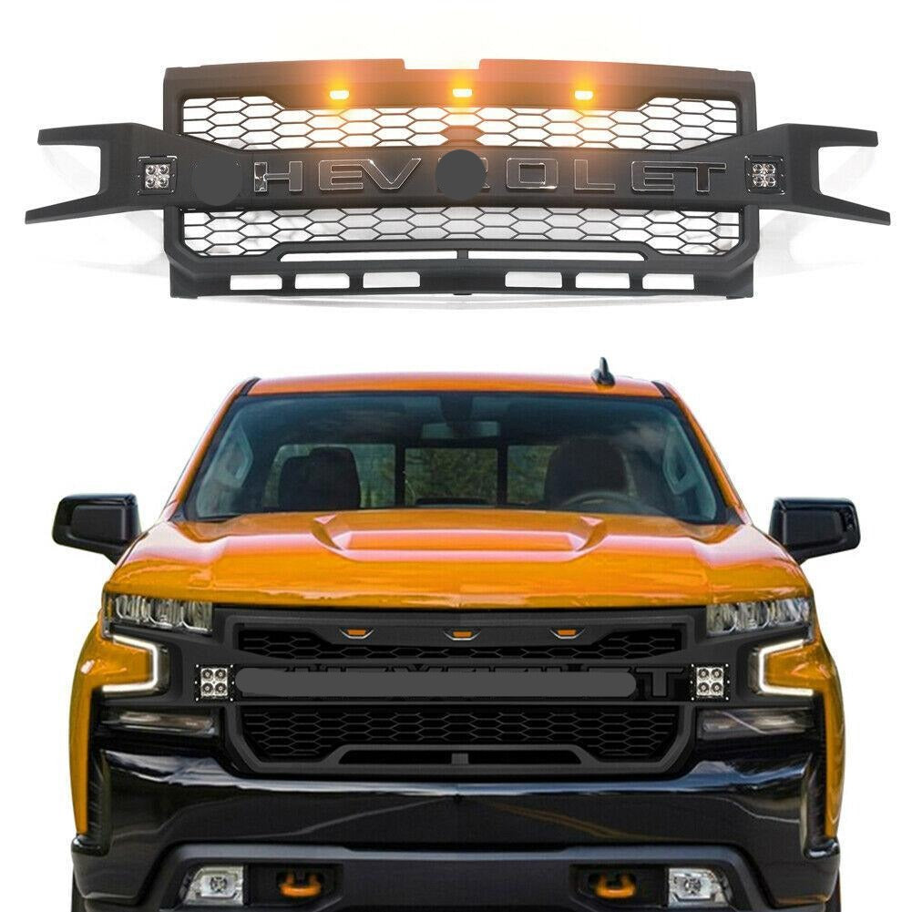 Front Grill for 2019 2020 Chevrolet Silverado 1500 with 3+2 LED Lights & Letters Black - Goodmatchup