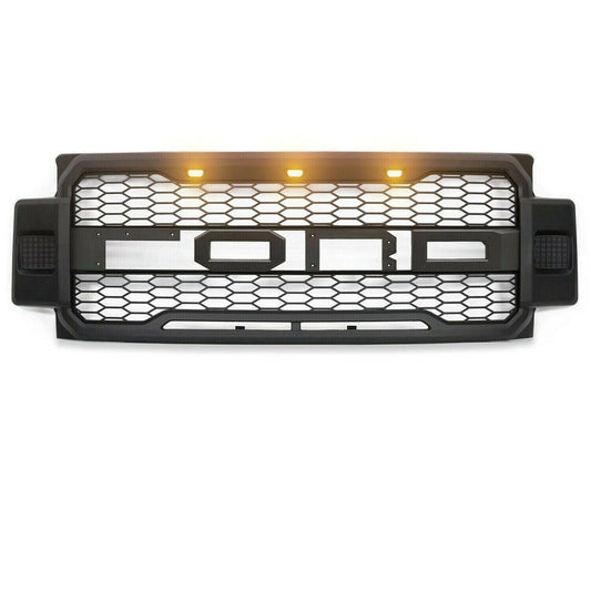 Front Grille For 2017 2018 2019 Ford f250 f350 Super Duty Raptor Grill W/LED Lights & Letters Matte Black - Goodmatchup