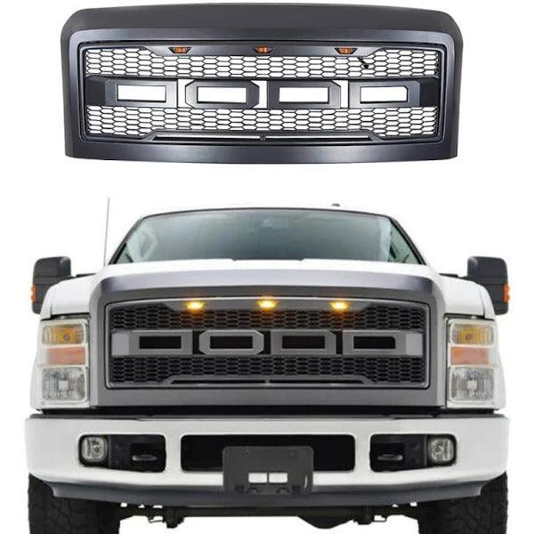 Grill For 2008 2009 2010 Ford F250 F350 F450 Raptor Grill Matte Black W/E Lights With Letters - Goodmatchup