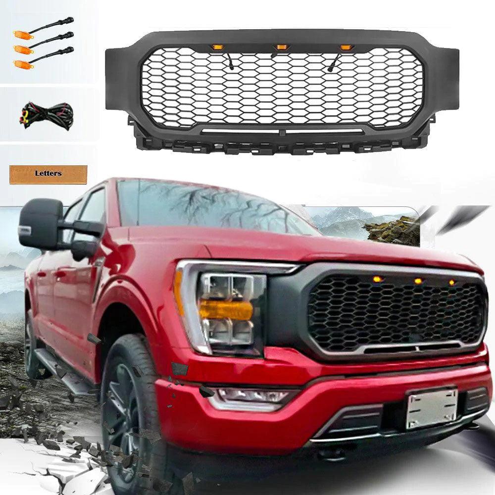 Grill For 2021-2022 Ford f150 Raptor Grill Replacement W/LED Lights & Letters Matte Black - Goodmatchup