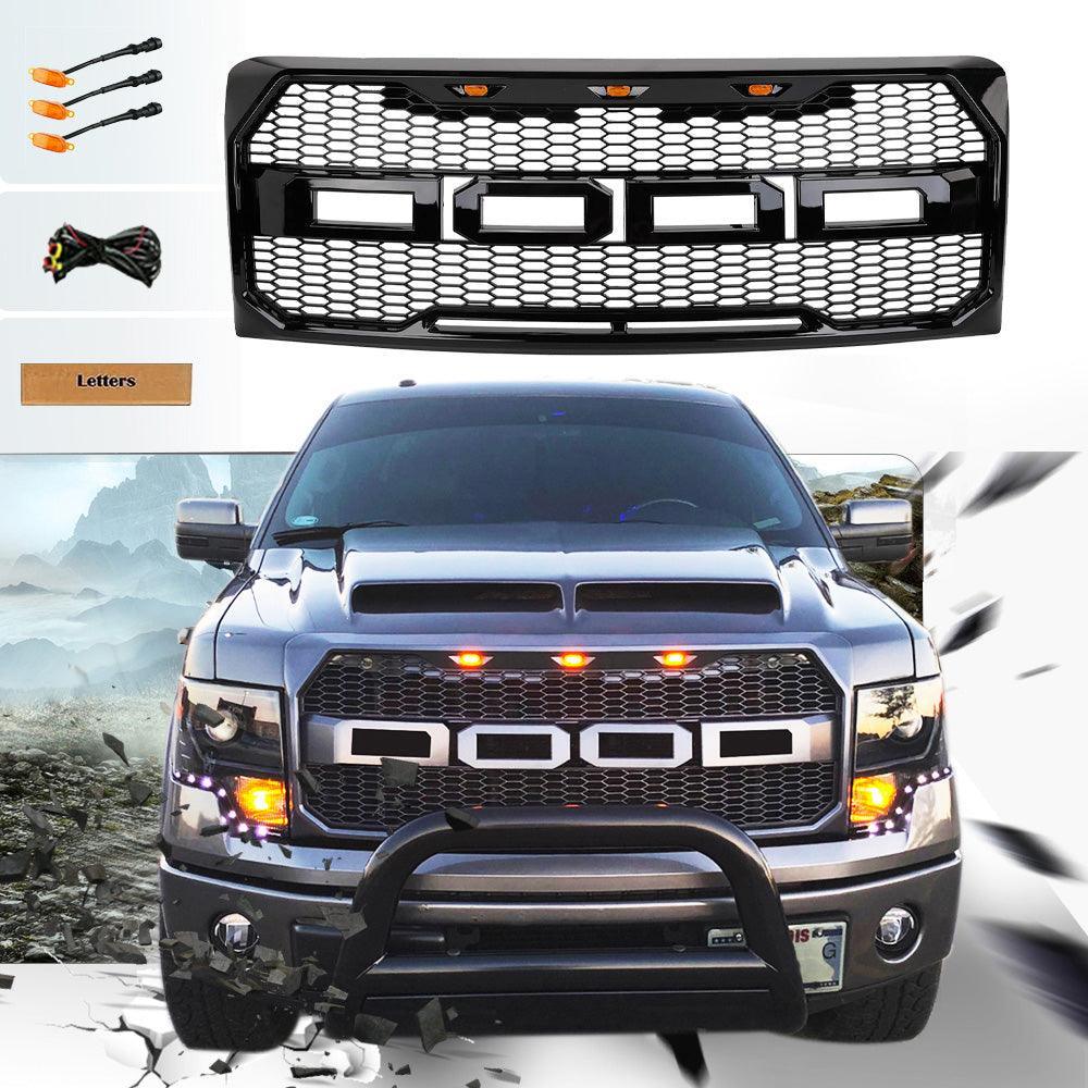 Grille For 2009 2010 2011 2012 2013 2014 f150 Raptor Grill W/Letters & Amber LED Lights Matte Black - Goodmatchup