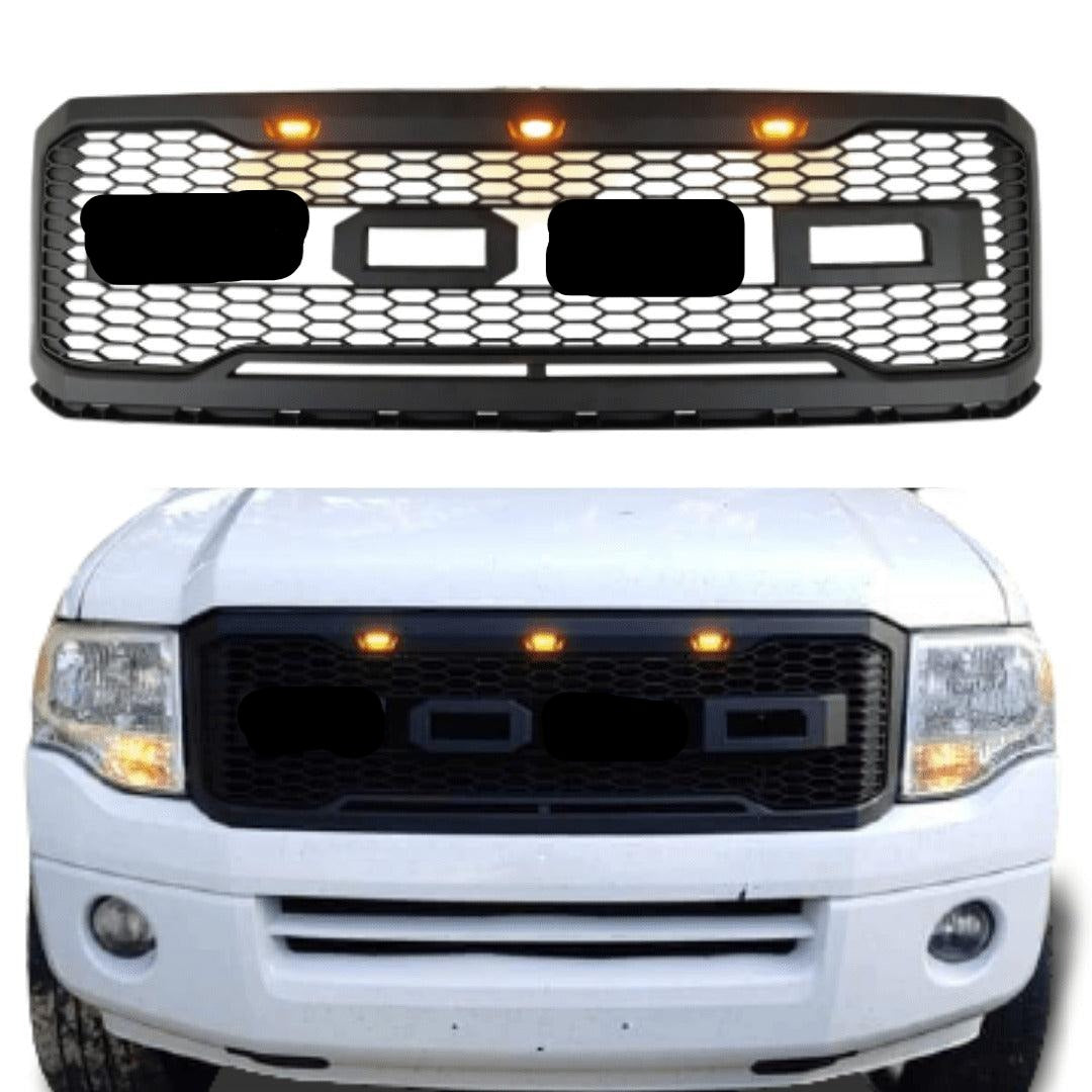 Raptor Style Front Grill For 2007 2008 2009 2010 2011 2012 2013 2014 Ford Expedition W/Letters & Lights Matte Black - Goodmatchup