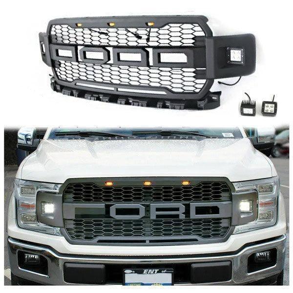 2018-2020 Ford F150 Raptor Style Front Grille - Matte Black Mesh With Side Lights & Letters
