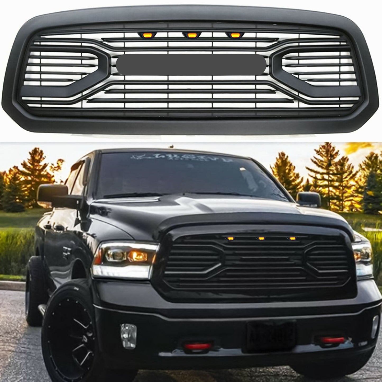 Goodmatchup Grille For 4th Gen 2013 2014 2015 2016 2017 2018 Ram 1500 Grill Horizontal Billet Grill With Letters & Amber Lights Matte Black