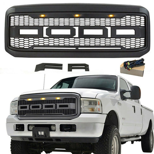 Goodmatchup Front Grille For 2005 2006 2007 Ford f250 f350 Super Duty Raptor Style Grill W/LED Lights & Letters Matte Black
