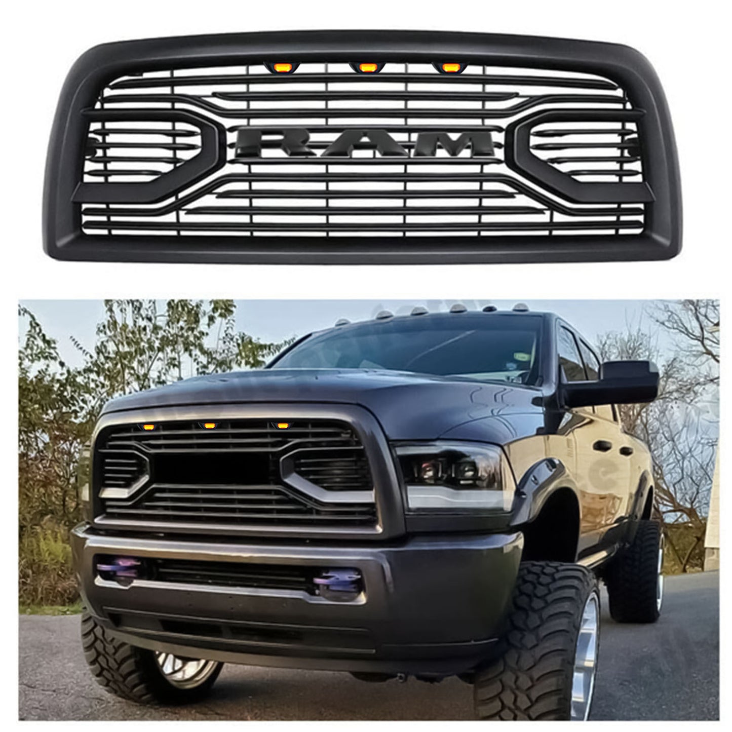 Goodmatchup Front Grille For 4th Gen 2013 2014 2015 2016 2017 2018 Dodge RAM 2500/3500 Grill Big Horn Style W/Letters & Amber Lights  Matte Black