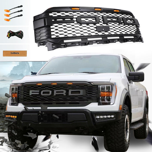 Goodmatchup Grill For 2021 2022 2023 Ford f150 Raptor Grill Replacement W/LED Lights & Letters Matte Black