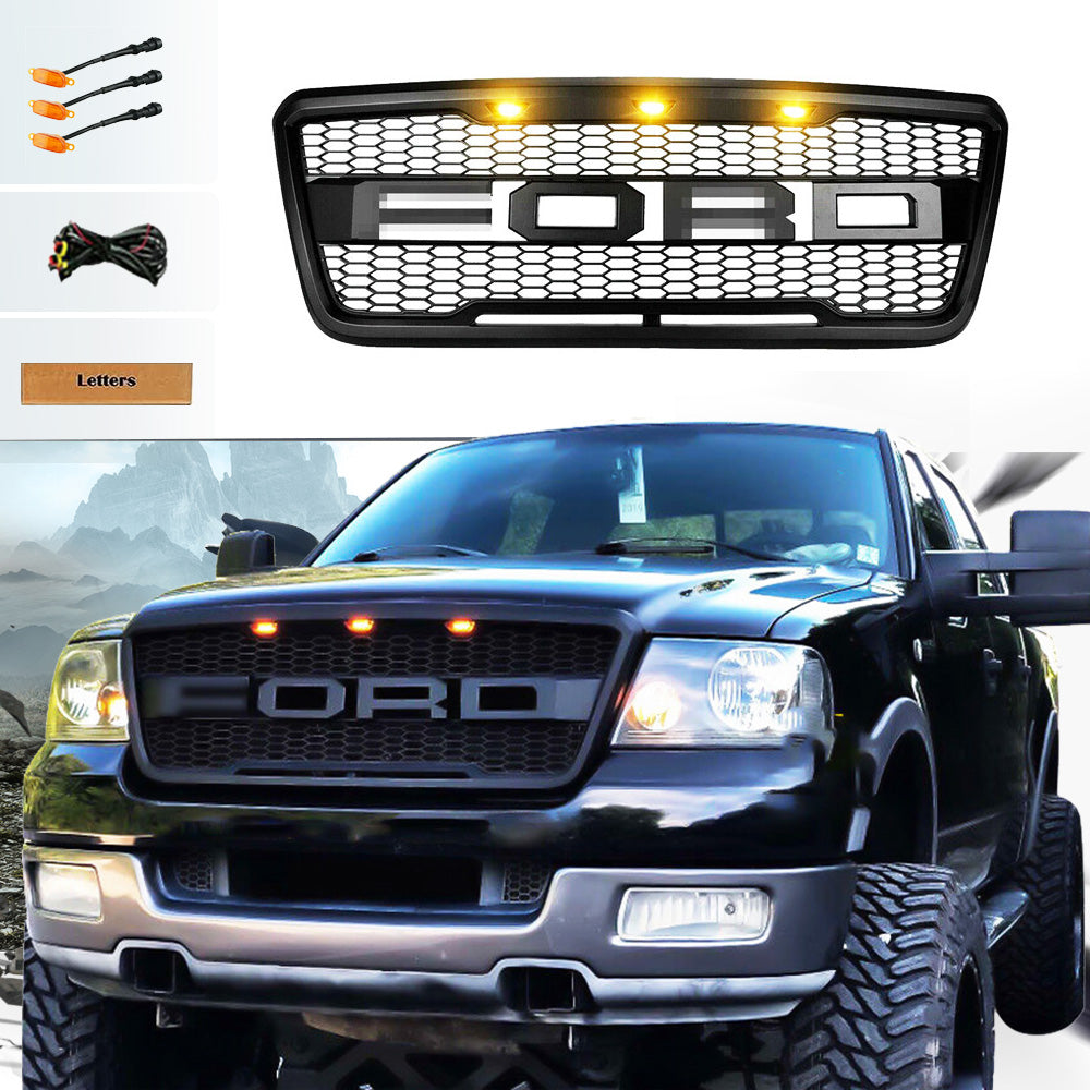 Goodmatchup Grill For 2004 2005 2006 2007 2008  f150 Raptor Grill W/E 3 Amber LED Lights& Letters Matte Black