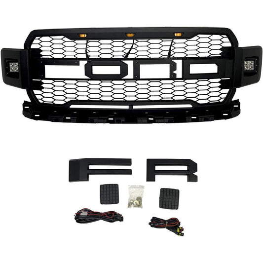 Goodmatchup Front Grill For 2018 2019 2020 f150 Raptor Grill  W/ LED W/Letters Matte Black