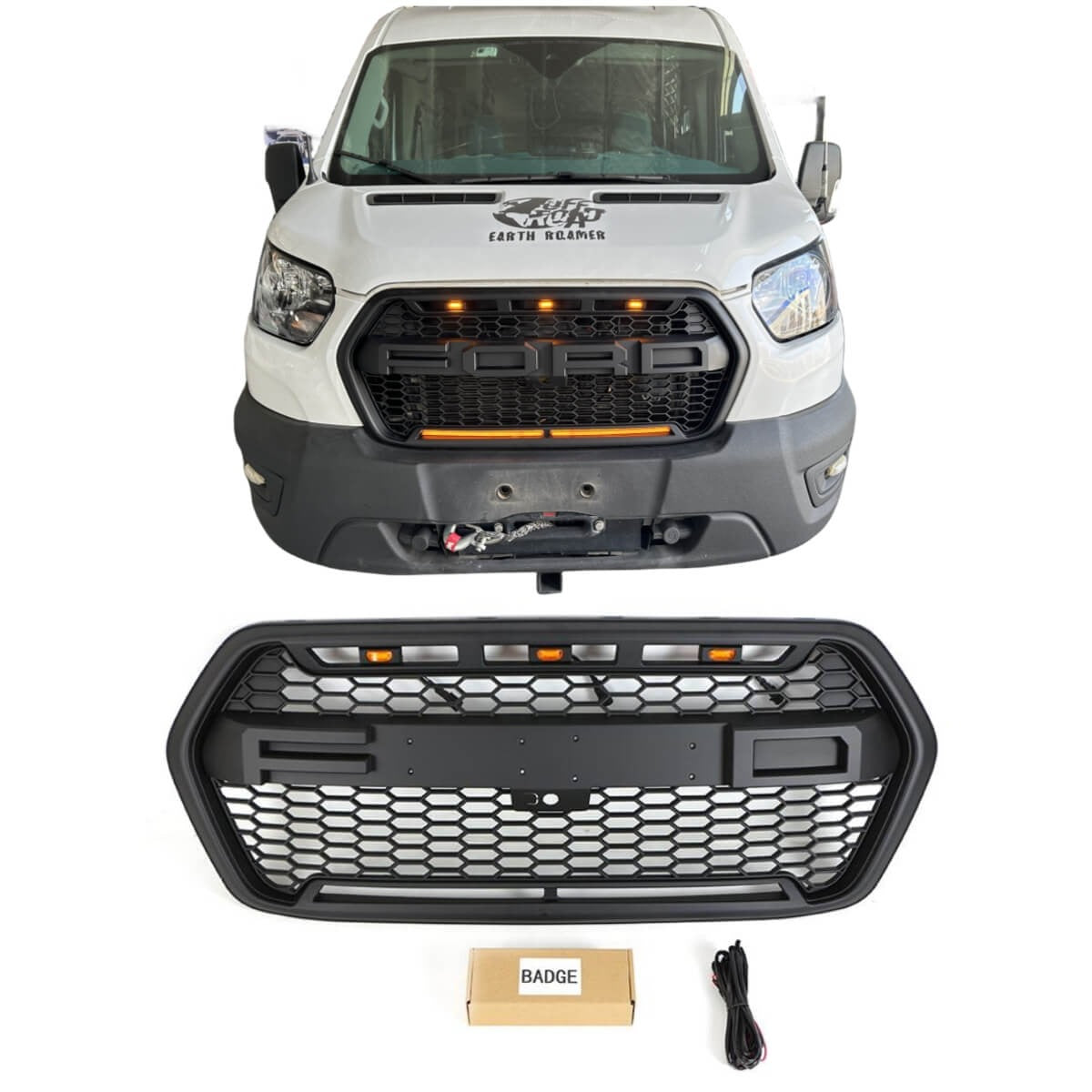 Front Grille Fit For FORD Transit 2022-2023 Black Grill With LED & Light Bar