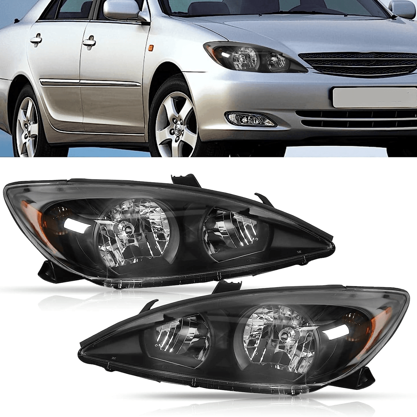 Black Housing Headlight Replacement For 2002 2003 2004 Toyota Camry Halogen Driver and Passenger Side - Goodmatchup