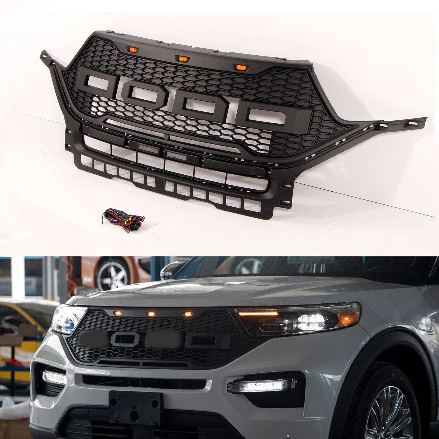 Front Bumper Grill For 2019 2020 2021 Ford Explorer Raptor Style Black w/Lights & Letters - Goodmatchup