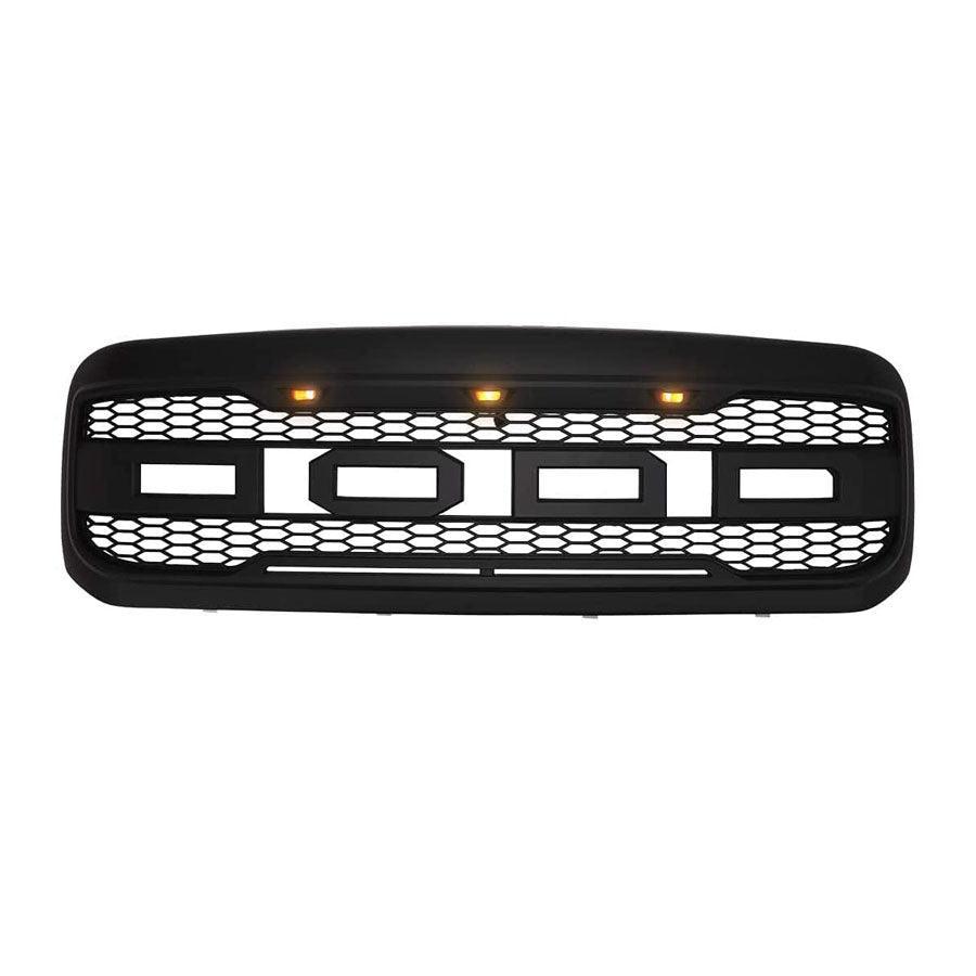 Front Grill For 1999 2000 2001 2002 2003 2004 Ford f250 f350 f450 Super Duty Raptor Style Grill With 3 Amber LED Lights & Letters Matte Black - Goodmatchup