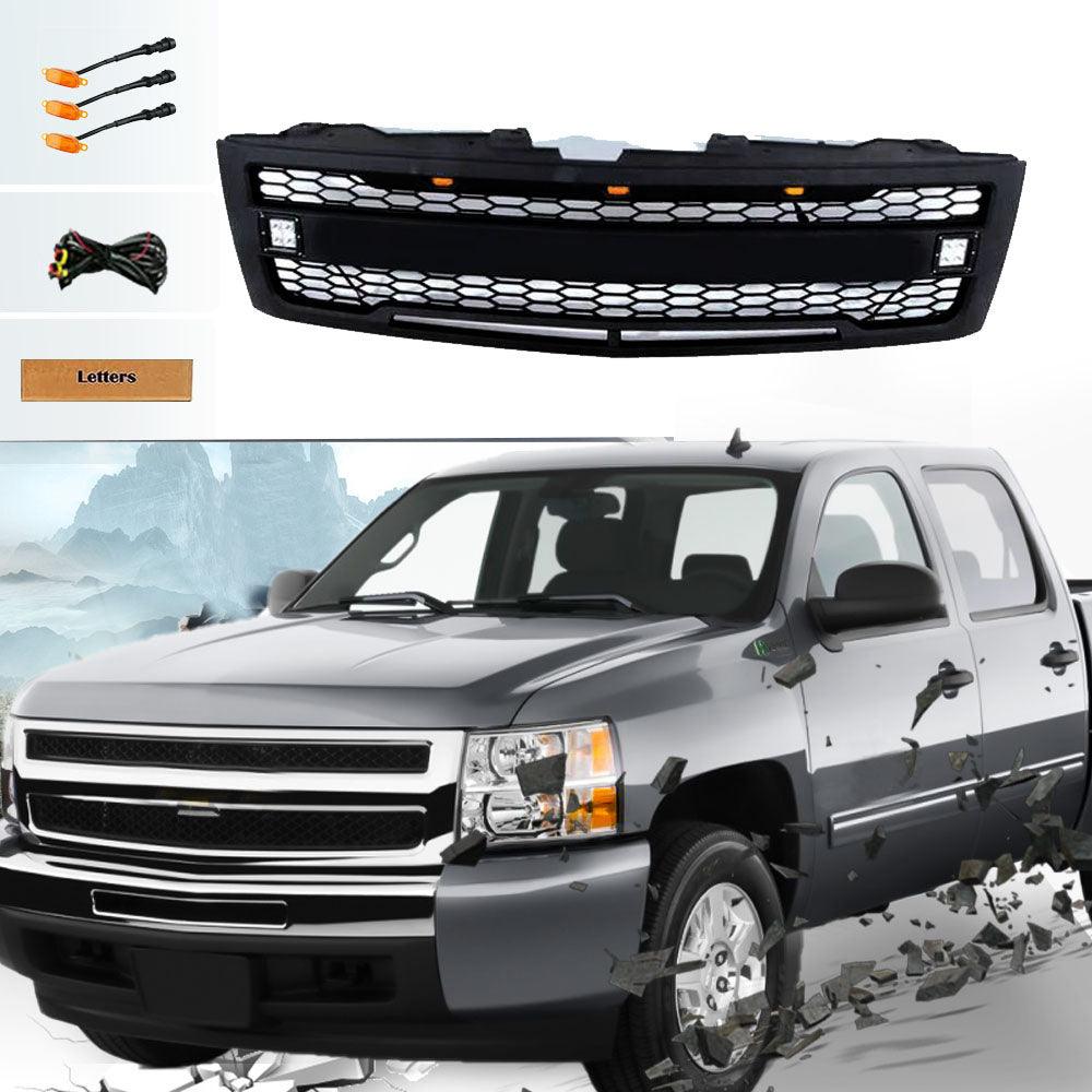 Front Grill For 2007 2008 2009 2010 2011 2012 2013 Chevy Silverado With 3+2 LED Lights & Letters Matte Black - Goodmatchup