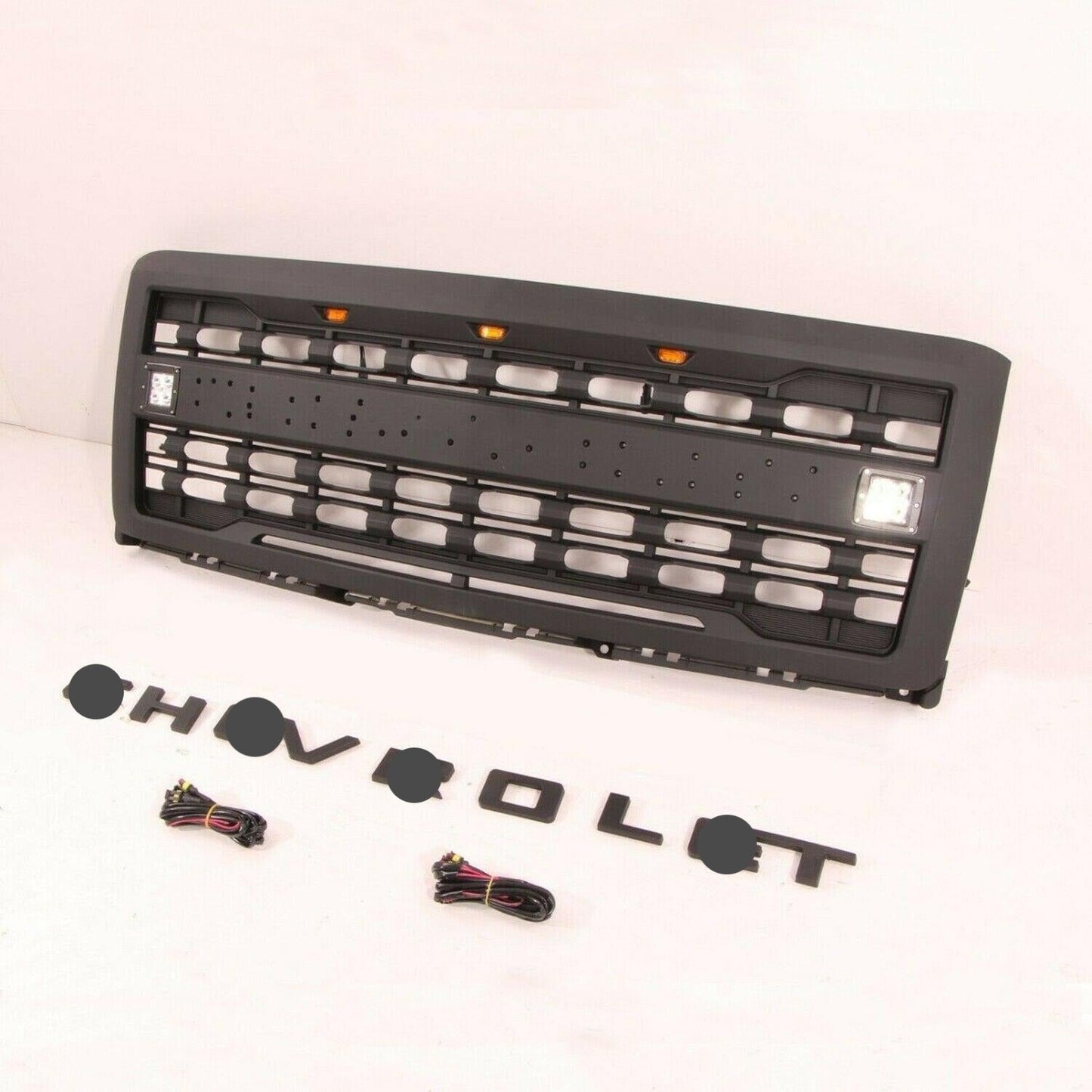 Goodmatchup Raptor Style Black Grill For 2014 2015 Chevy Silverado 1500 W/ Letters / 3+2 LED Lights - Goodmatchup