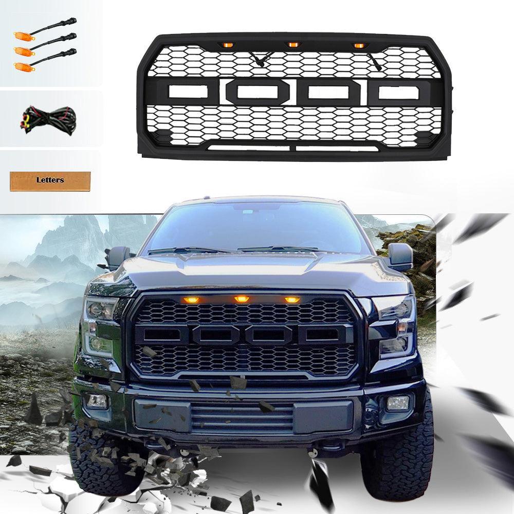 Grill For 2015 2016 2017 f150 Raptor Grill W/ Letters & LED MATTE BLACK - Goodmatchup