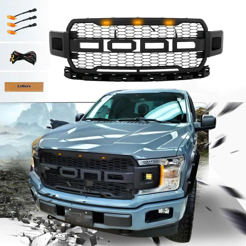 Grill For 2018 2019 2020 Ford F150 Raptor Style Grill With 3+2 LED Lights W/Letters Matte Black - Goodmatchup