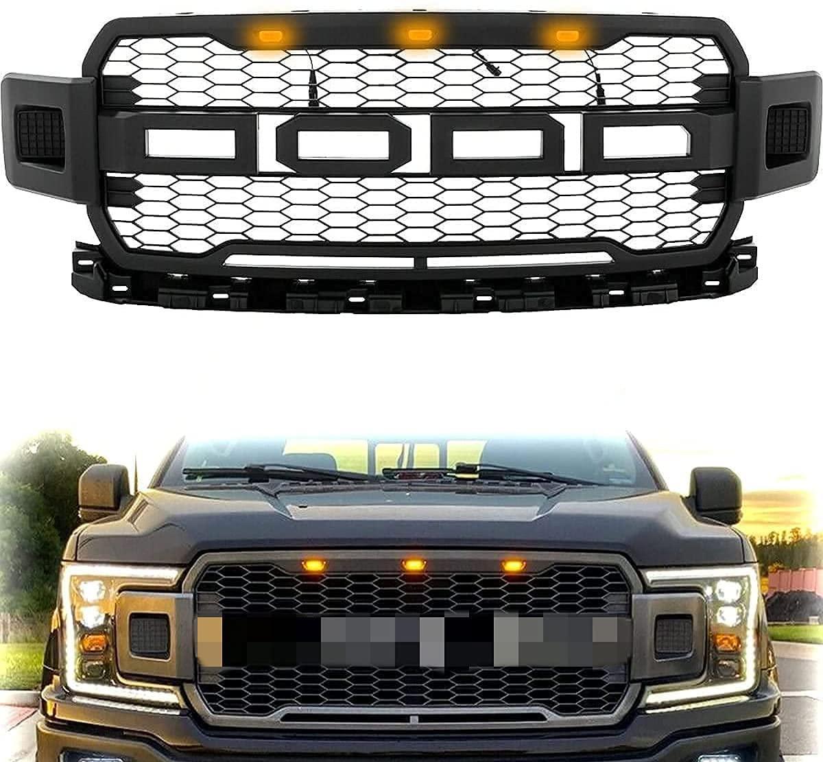 Grill For 2018 2019 2020 Ford F150 Raptor Style Grill With 3+2 LED Lights W/Letters Matte Black - Goodmatchup