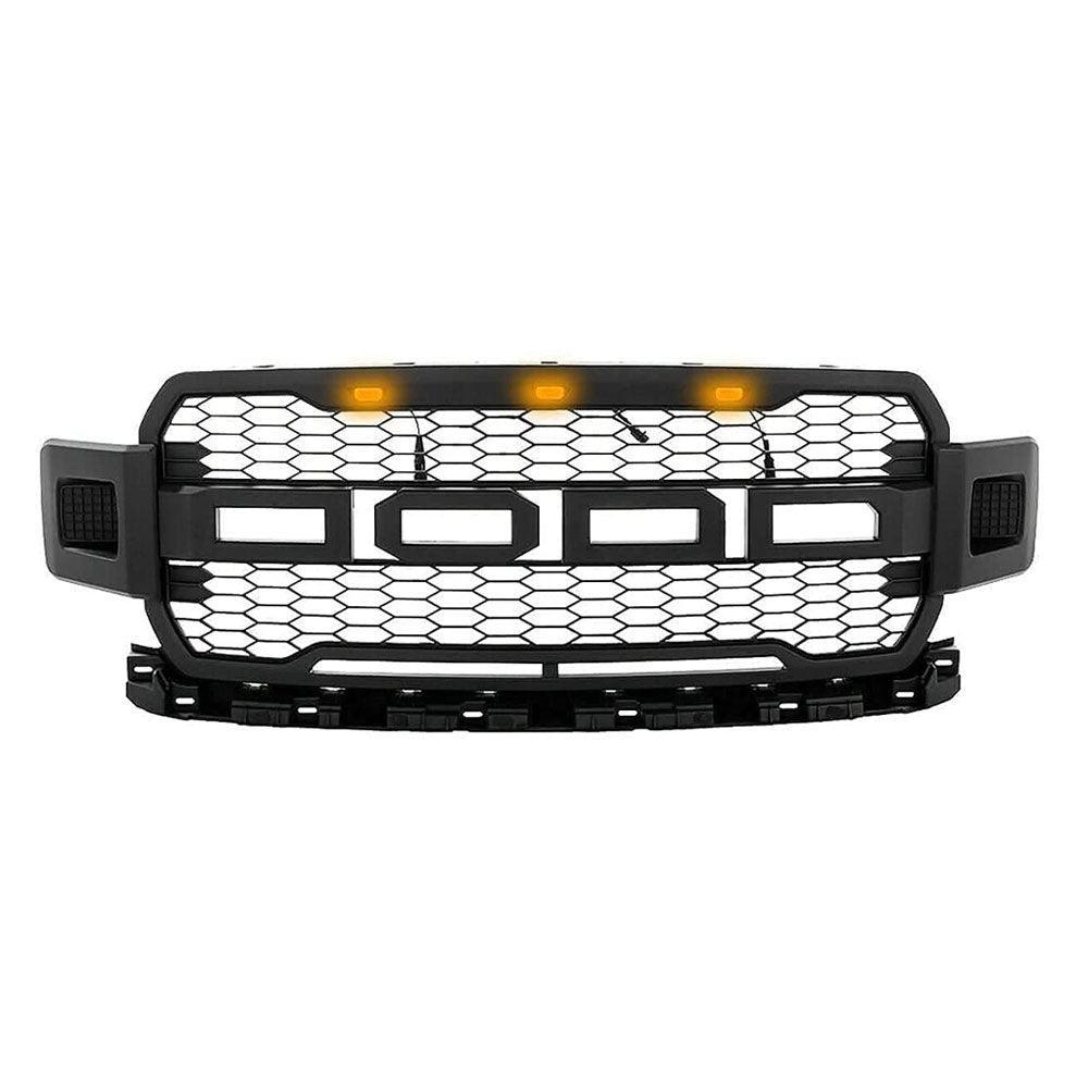 Grill For 2018 2019 2020 Ford F150 Raptor Style Grill With 3+2 LED Lights W/Letters Matte Black - Goodmatchup