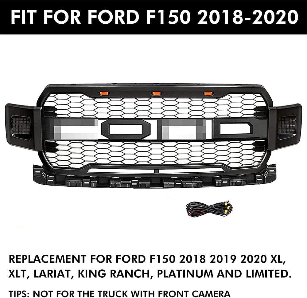 Grill For 2018 2019 2020 Ford F150 Raptor Style Grill With 3+2 LED Lights W/Letters Matte Black - Goodmatchup