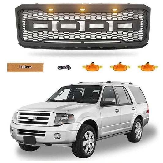 Raptor Style Front Grill For 2007 2008 2009 2010 2011 2012 2013 2014 Ford Expedition W/Letters & Lights Matte Black - Goodmatchup