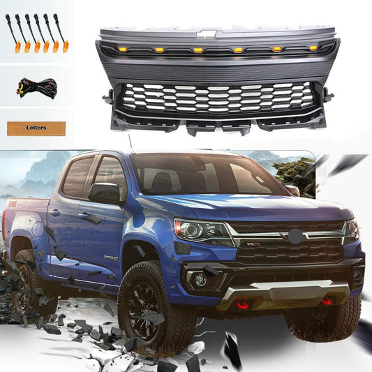 Raptor Style Front Grill Replacement For 2021-2022 Chevrolet Colorado W/Letters and W/LED Lights Black - Goodmatchup