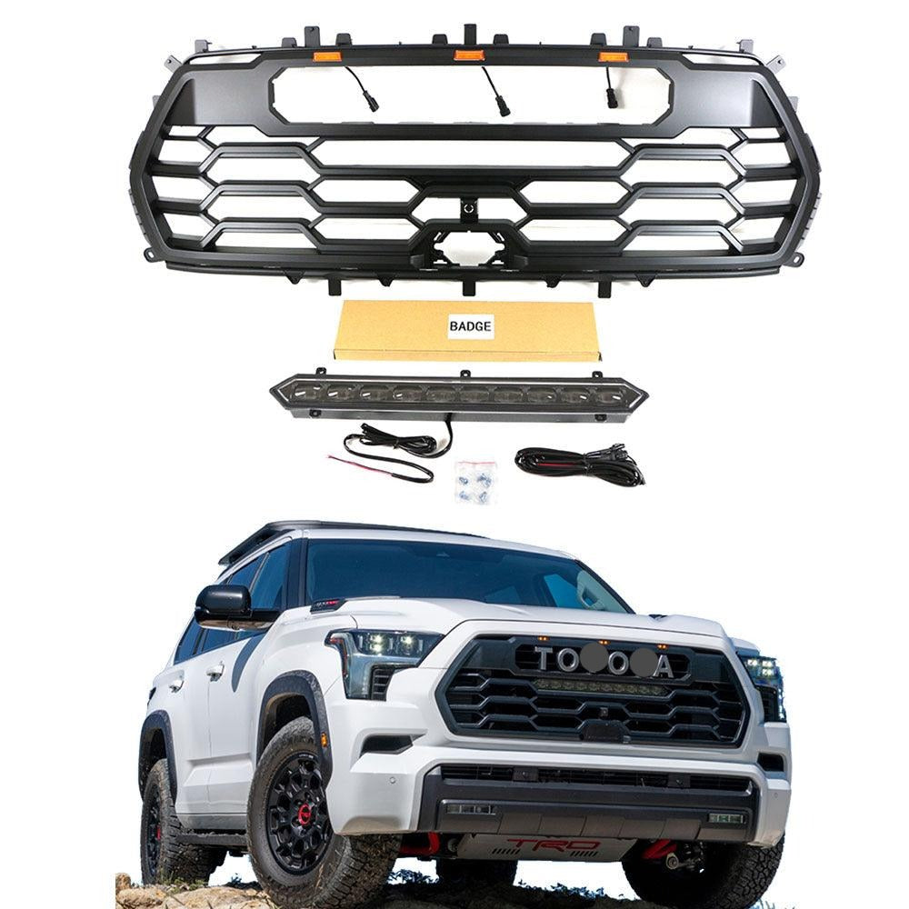 TRD Pro Aftermarket Front Grille Repalcement For 2022+Toyota Sequoia With Light Bar & Letters Matte Black - Goodmatchup